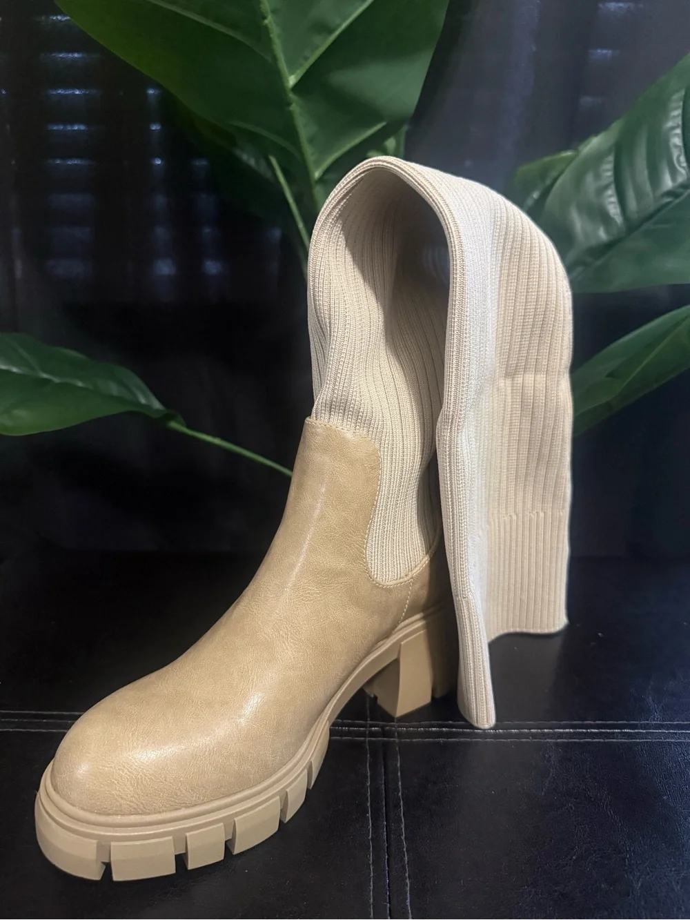 Chunky Beige Chelsea Boot with Knit Shaft